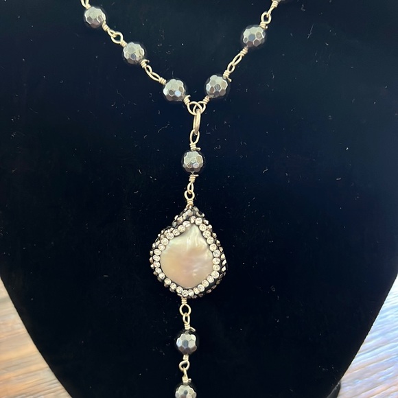 Mother of Pearl, Crystal,Sterling & Stone Lariat Necklace NWT - Picture 2 of 4